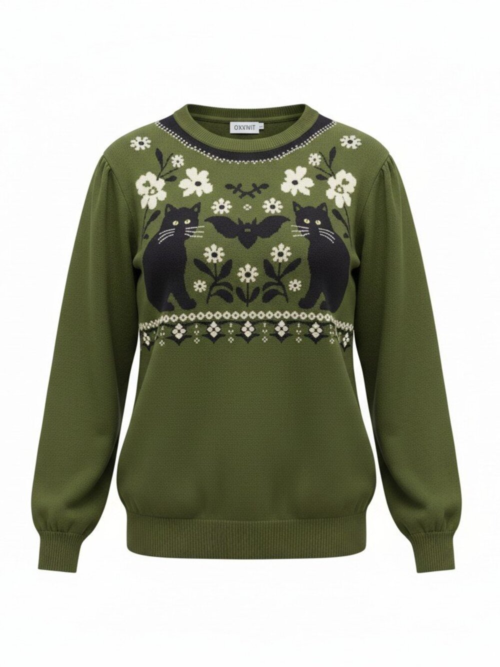 OXKNIT Women’s Black Cat Floral Jacquard Sweater Olive Green 2XL